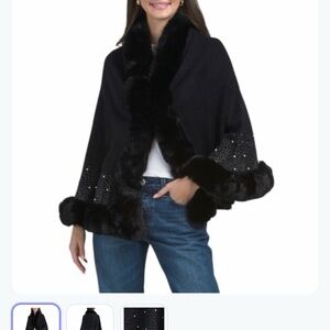 Max Studio Black Faux Fur Trim Cape with Studded Detail